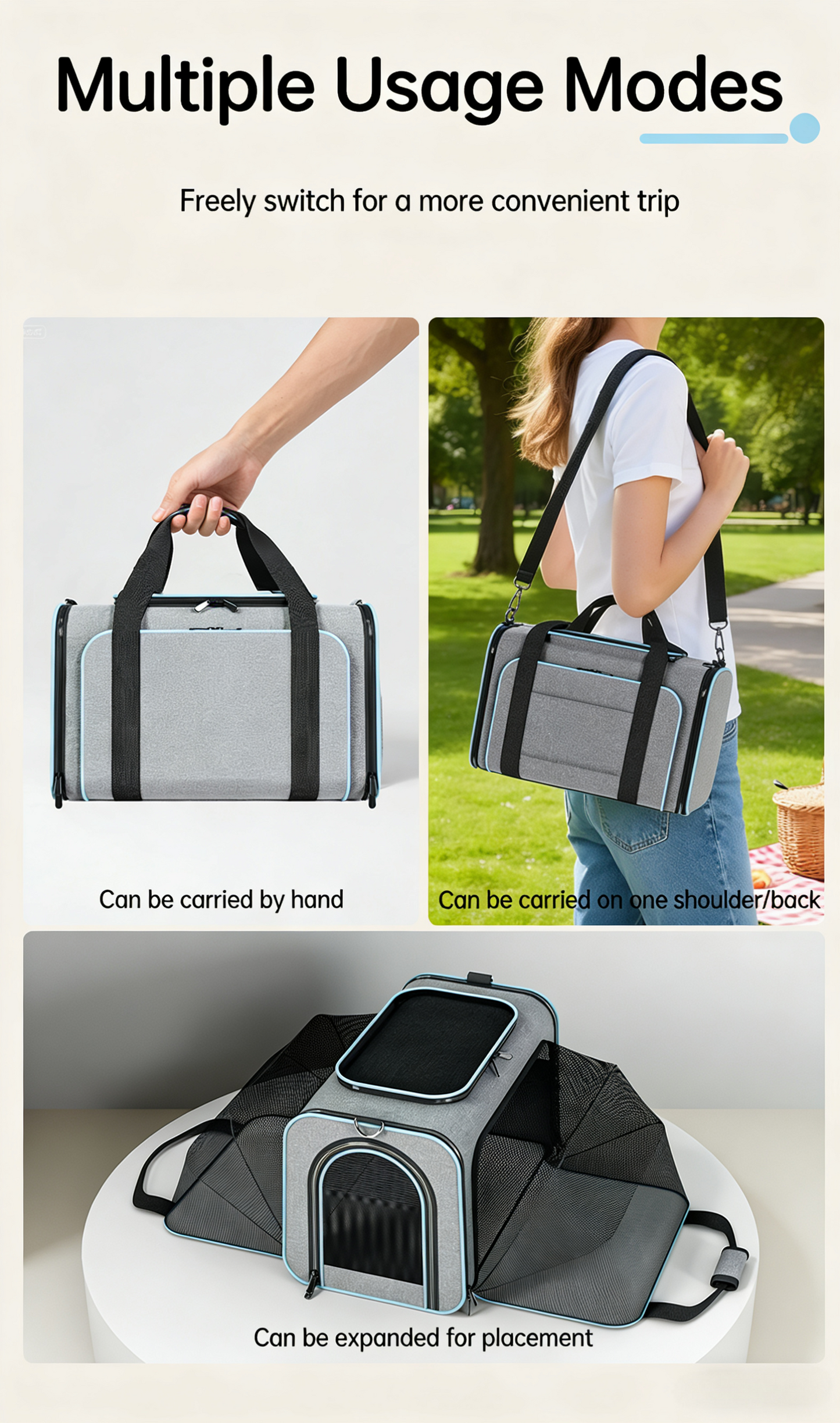 3-Way Portable Pet Carrier – Foldable & Breathable On-the-Go Bag